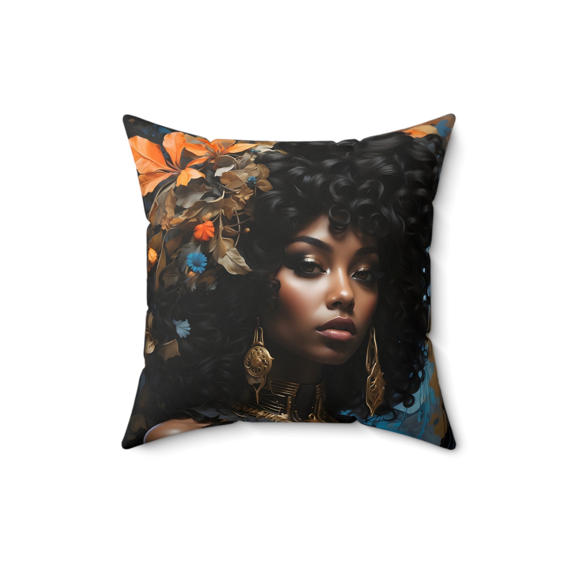 Square Portrait Pillow featuring a beautiful African American woman profile, made with 100% Polyester cover and pillow, includes concealed zipper.