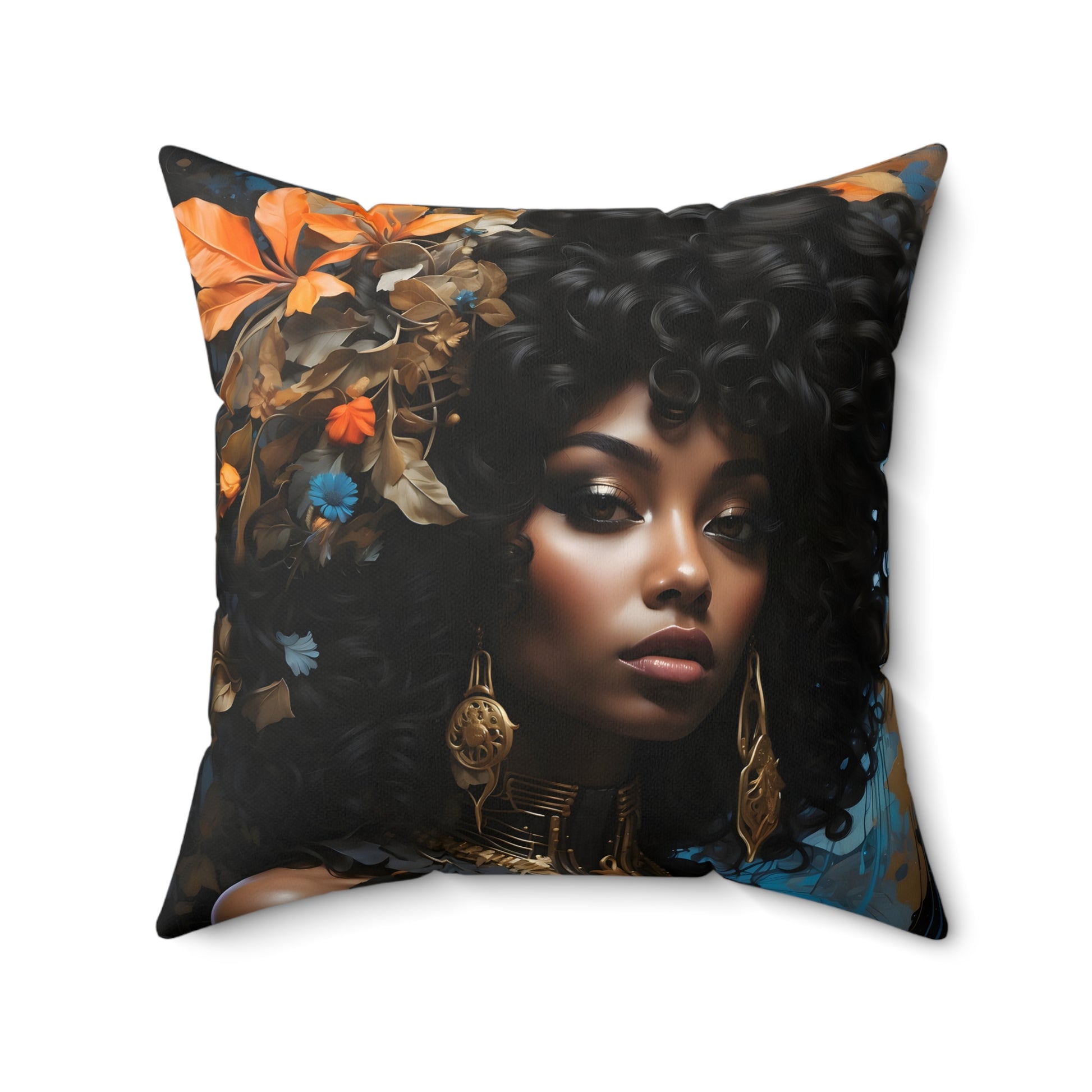 Square Portrait Pillow featuring a beautiful African American woman profile, made with 100% Polyester cover and pillow, includes concealed zipper.