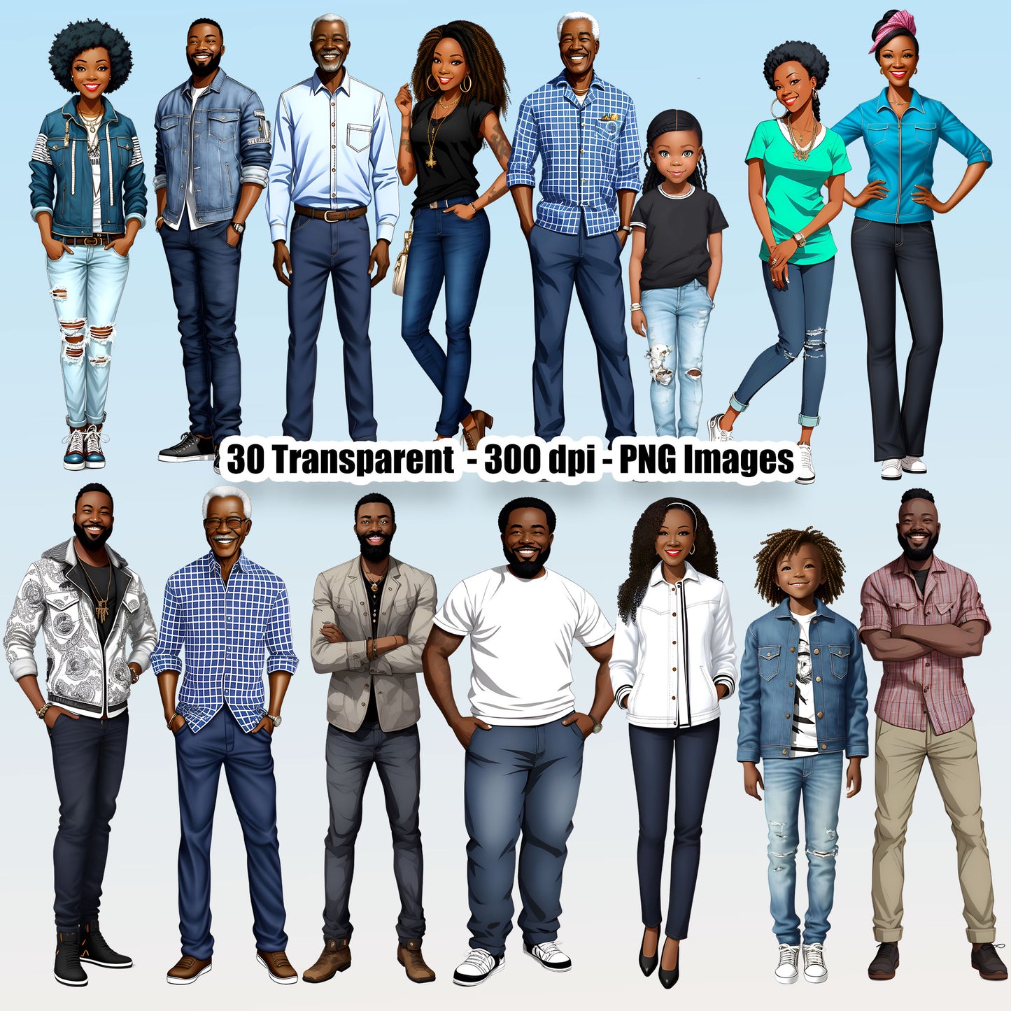 30 Black Family Bundle Clipart PNG