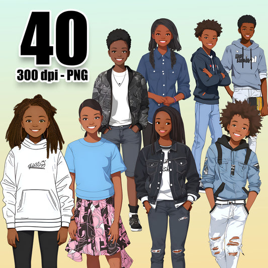 40 Black Kids Clipart PNG Bundle