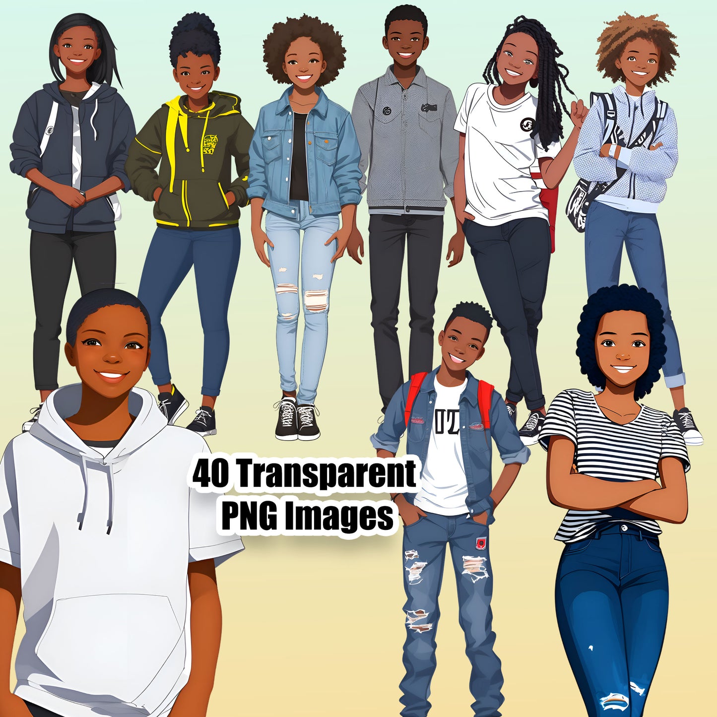 40 Black Kids Clipart PNG Bundle