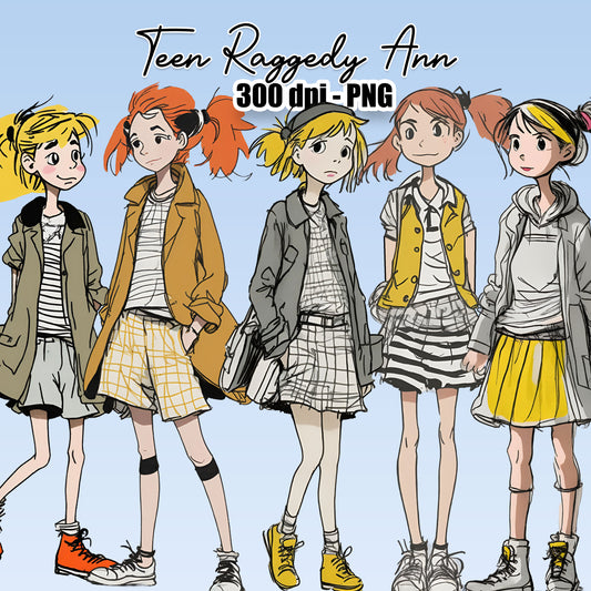 Teen Girl Clipart Girl, Raggedy Ann, School Girls, Fashion Girls Clipart, Autumn, People Line art, Girl Illustrations, Vector, Watercolor
