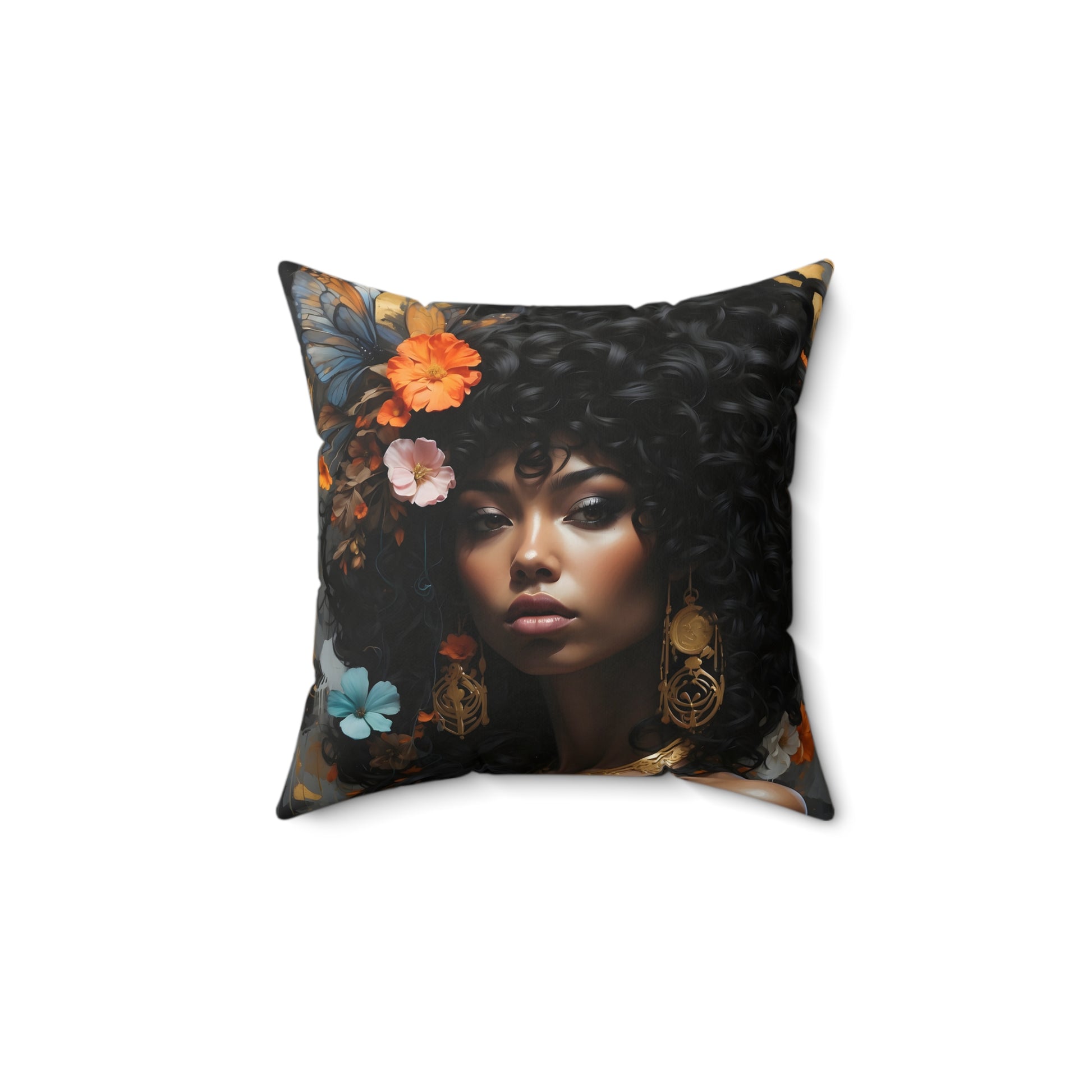 Square Portrait Pillow featuring a beautiful African American woman profile, made with 100% Polyester cover and pillow, includes concealed zipper.