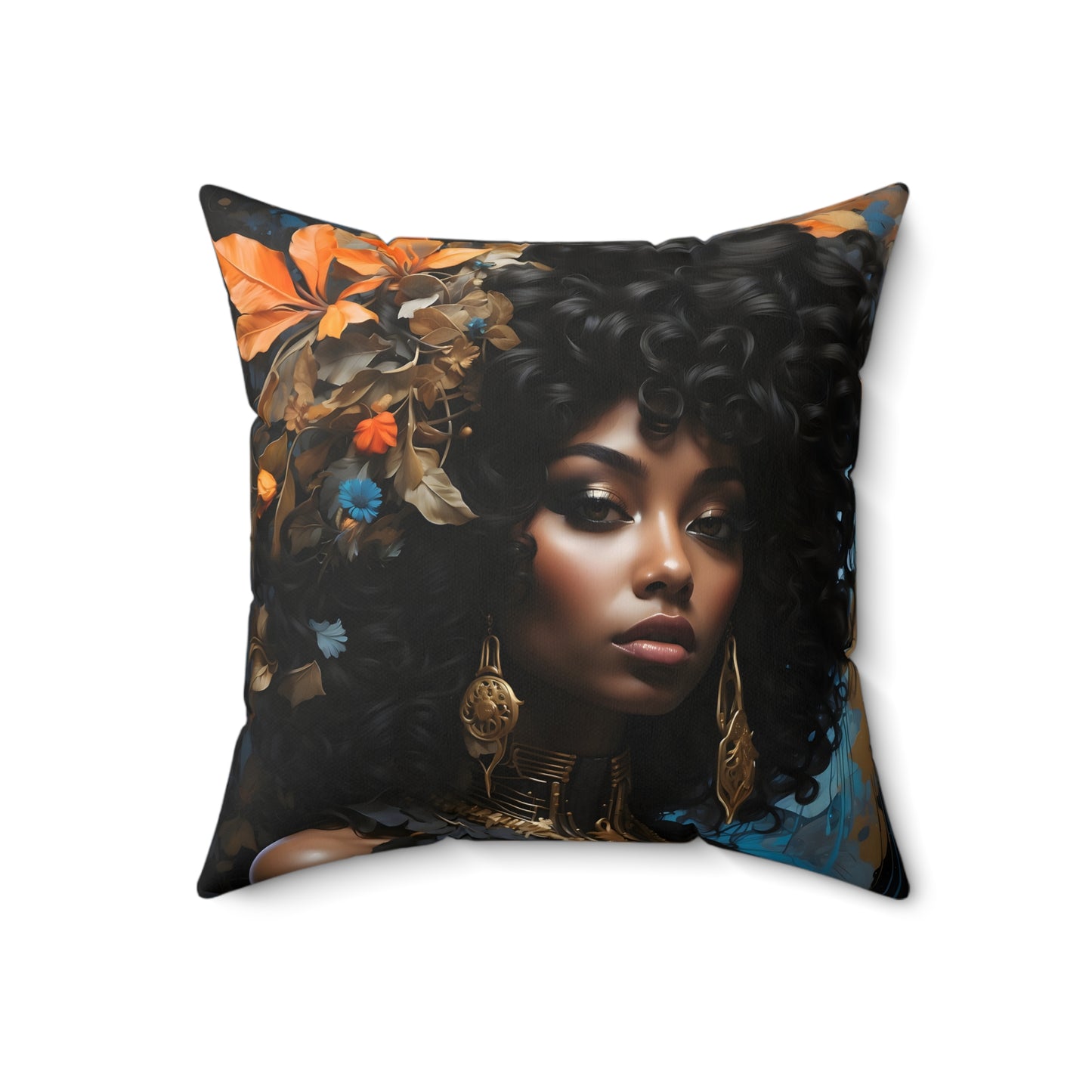 Square Portrait Pillow featuring a beautiful African American woman profile, made with 100% Polyester cover and pillow, includes concealed zipper.