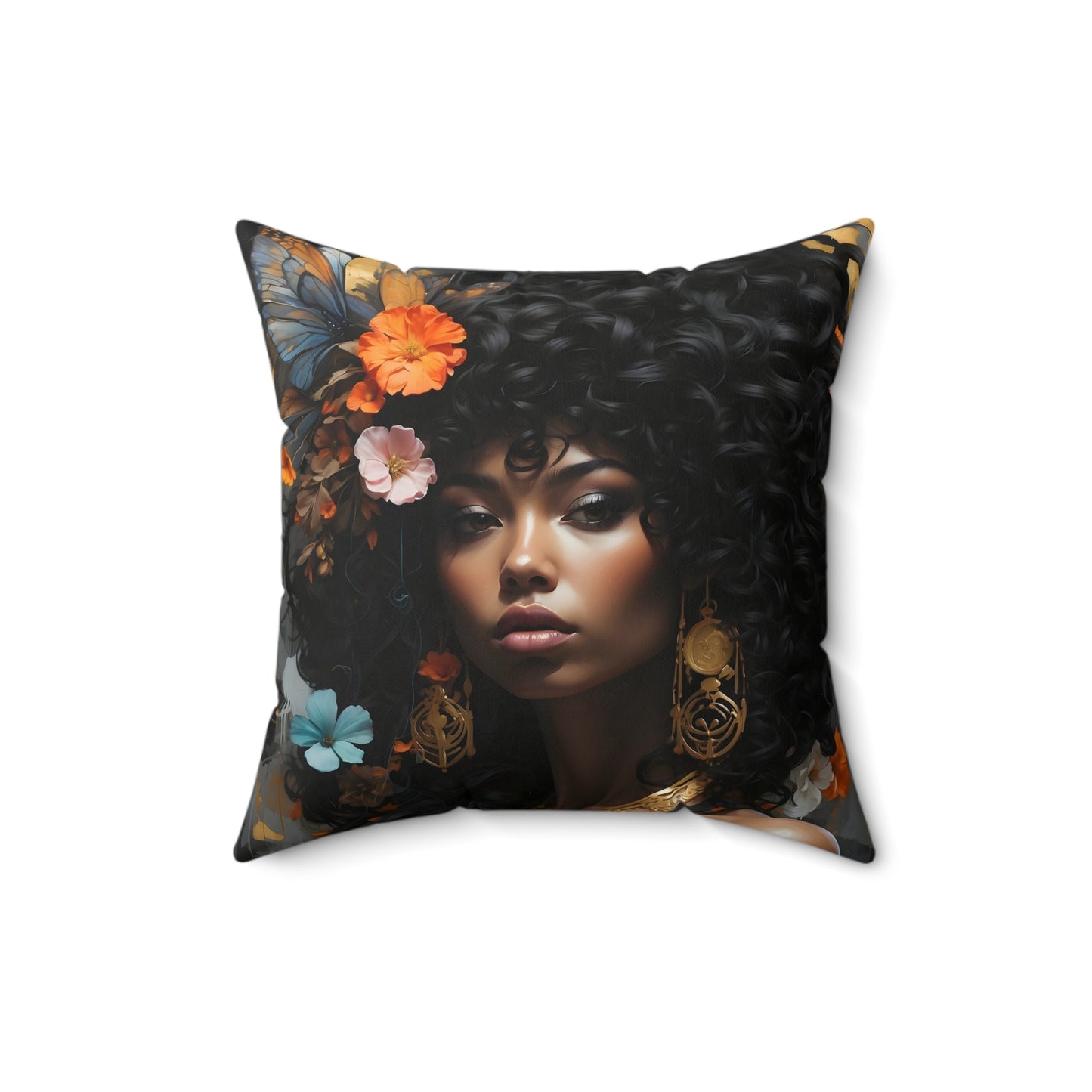 Square Portrait Pillow featuring a beautiful African American woman profile, made with 100% Polyester cover and pillow, includes concealed zipper.