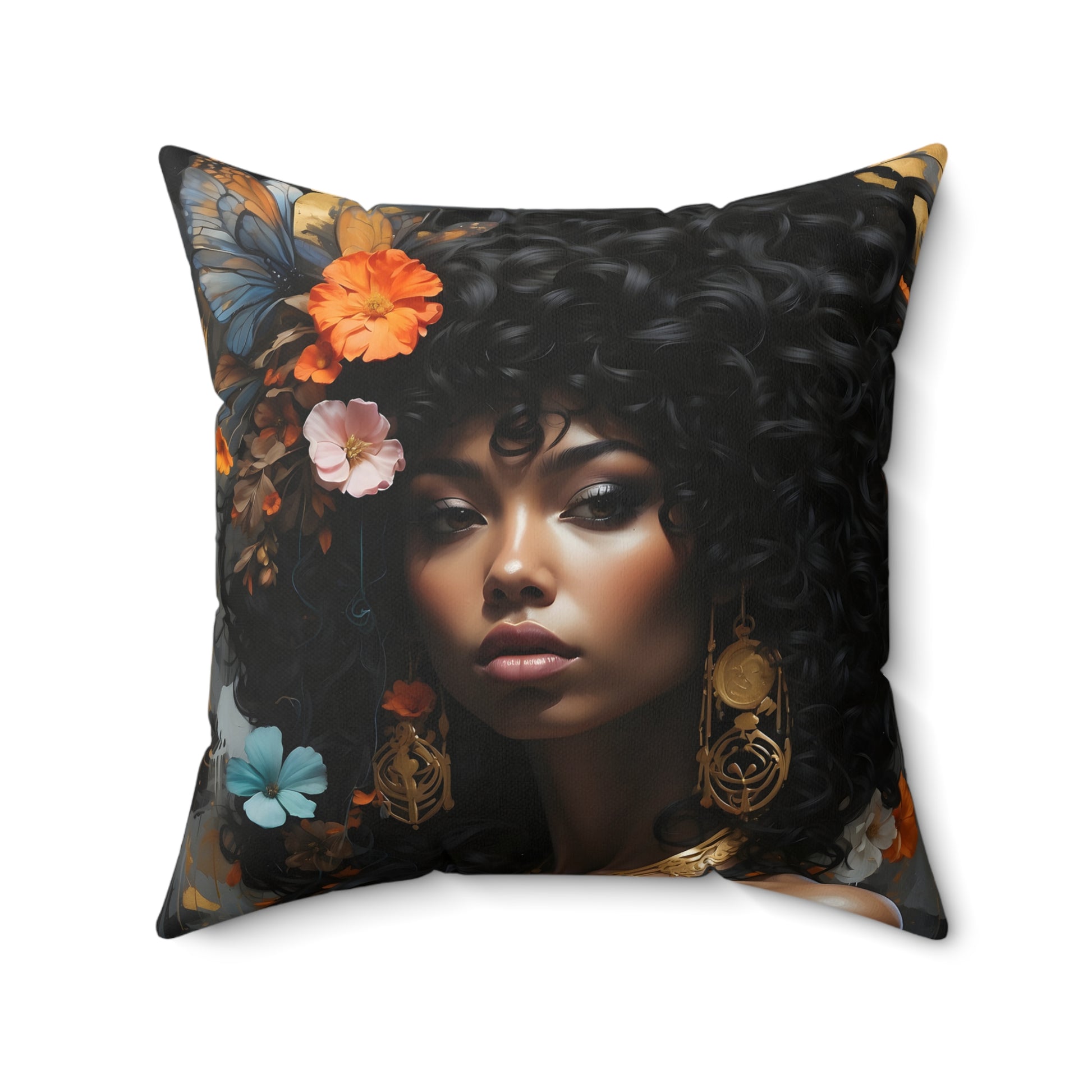 Square Portrait Pillow featuring a beautiful African American woman profile, made with 100% Polyester cover and pillow, includes concealed zipper.