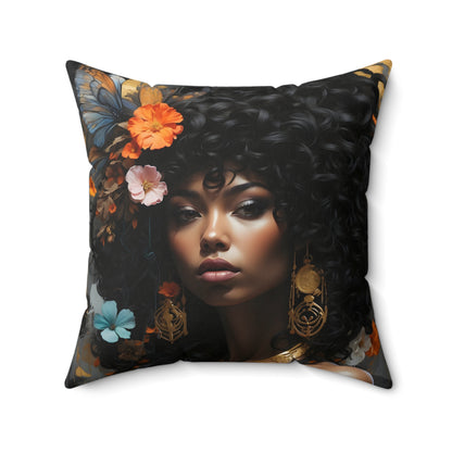 Square Portrait Pillow featuring a beautiful African American woman profile, made with 100% Polyester cover and pillow, includes concealed zipper.