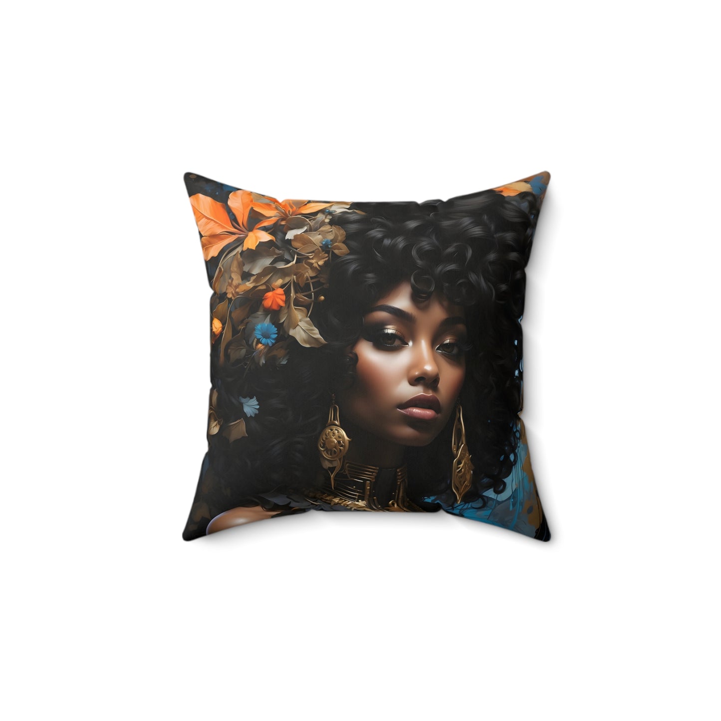 Square Portrait Pillow featuring a beautiful African American woman profile, made with 100% Polyester cover and pillow, includes concealed zipper.