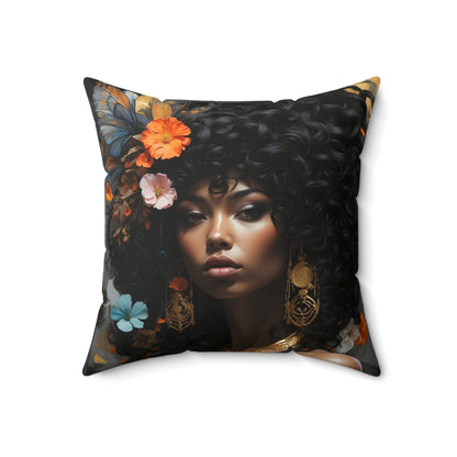 Square Portrait Pillow featuring a beautiful African American woman profile, made with 100% Polyester cover and pillow, includes concealed zipper.