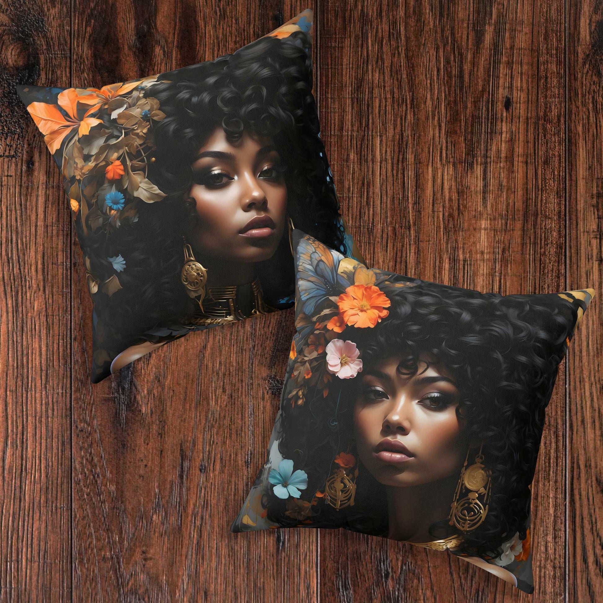 Square Portrait Pillow featuring a beautiful African American woman profile, made with 100% Polyester cover and pillow, includes concealed zipper.