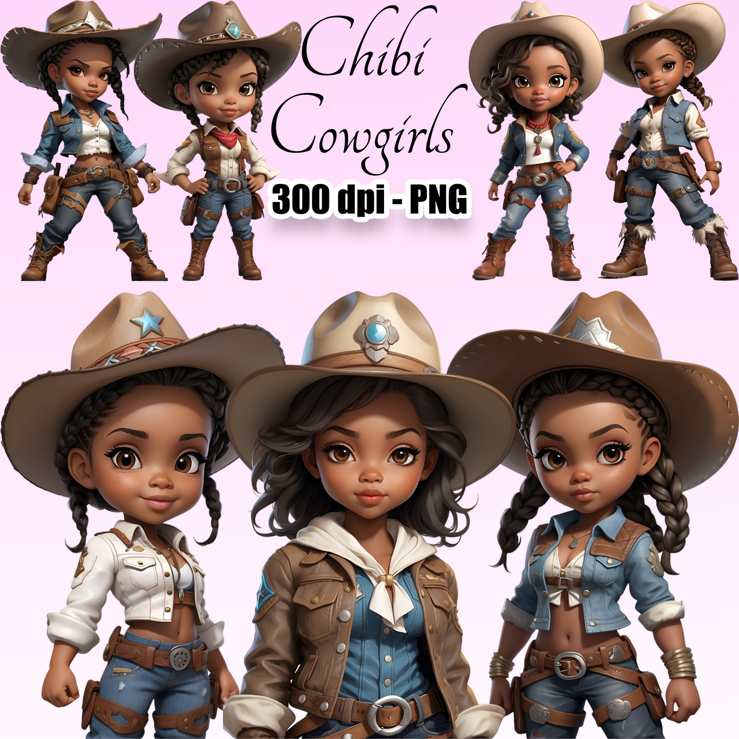 15 Black Chibi Cowgirls Clipart