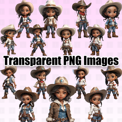 15 Black Chibi Cowgirls Clipart