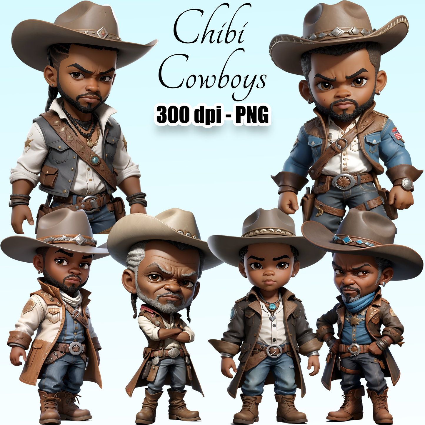 12 Black Chibi Cowboys Clipart