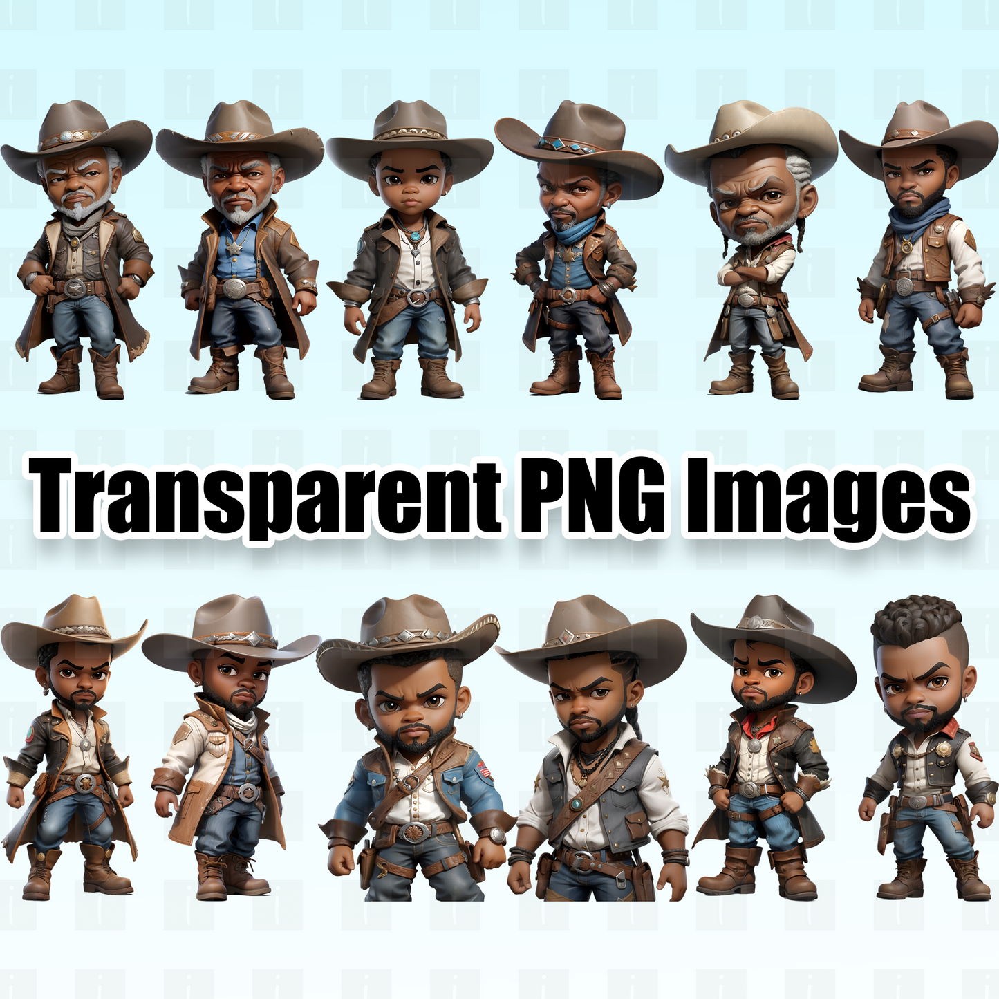 12 Black Chibi Cowboys Clipart