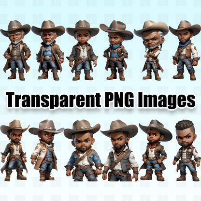 12 Black Chibi Cowboys Clipart