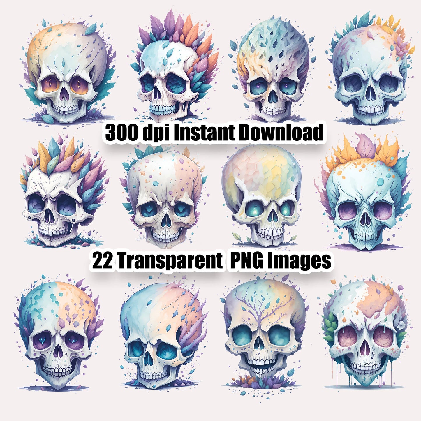 22 Watercolor Skulls Clipart