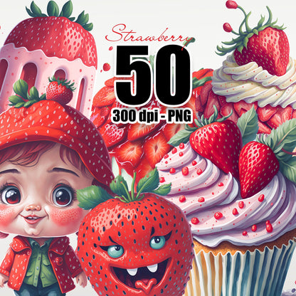 50 Watercolor Strawberries Clipart