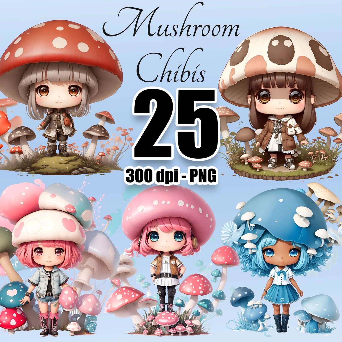 25 Mushroom Chibis Clipart