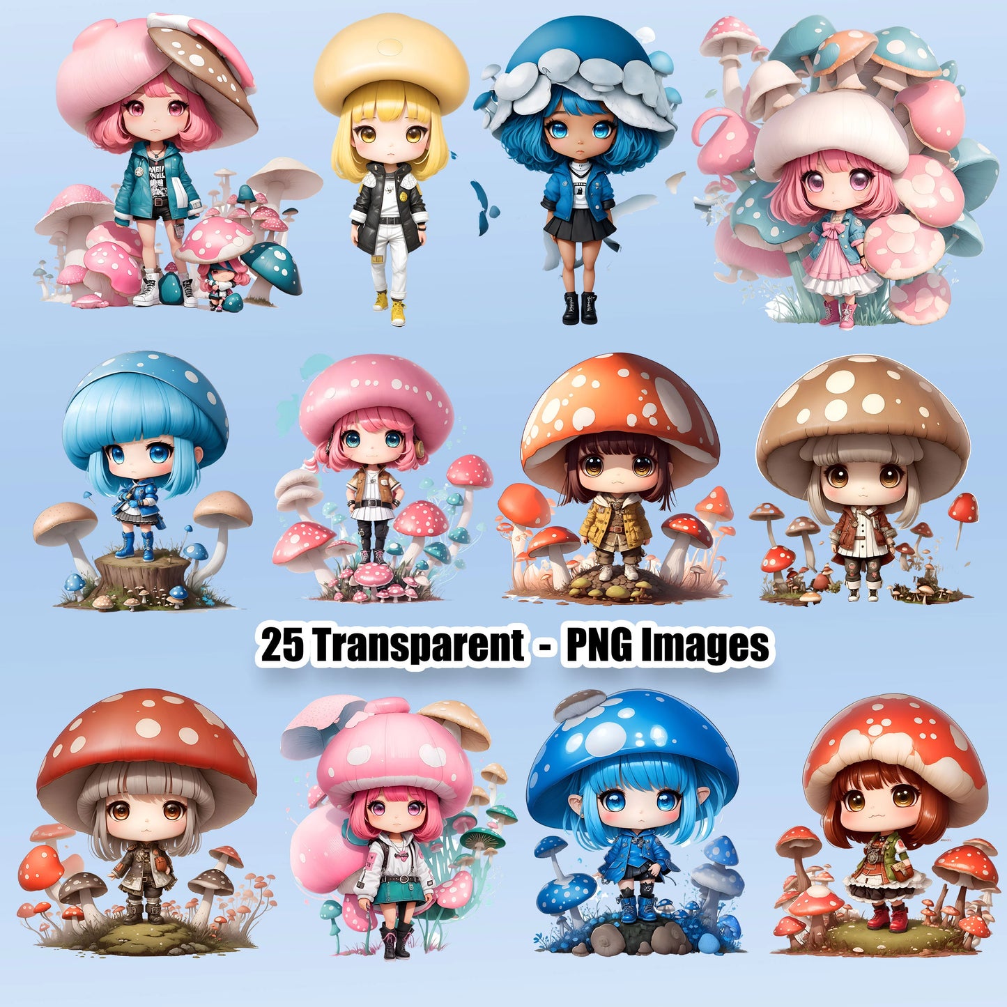 25 Mushroom Chibis Clipart