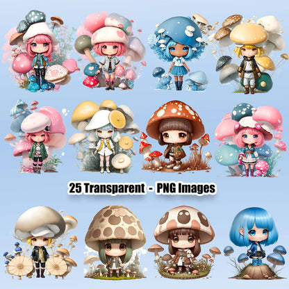 25 Mushroom Chibis Clipart