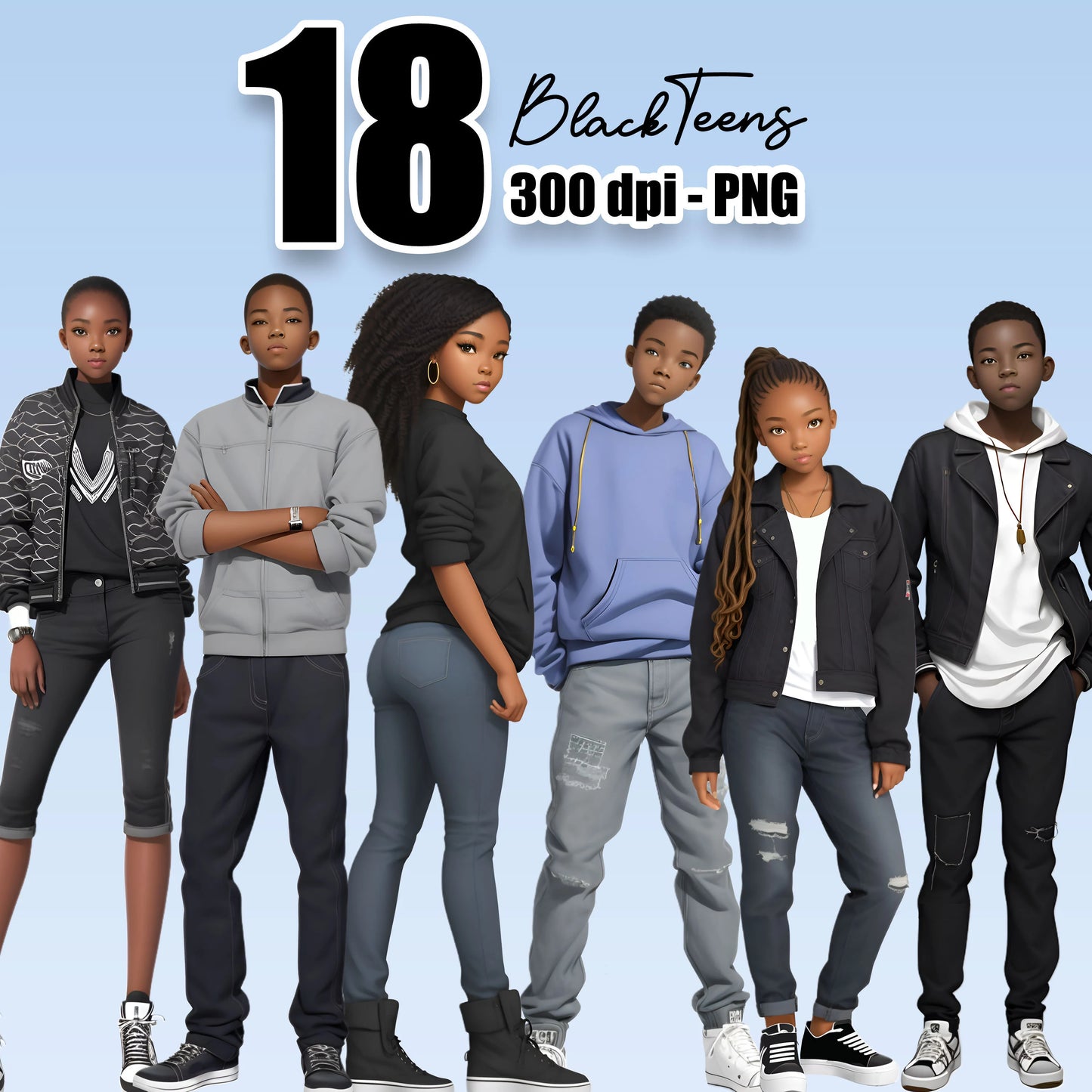 18 Black Teens Clipart Bundle