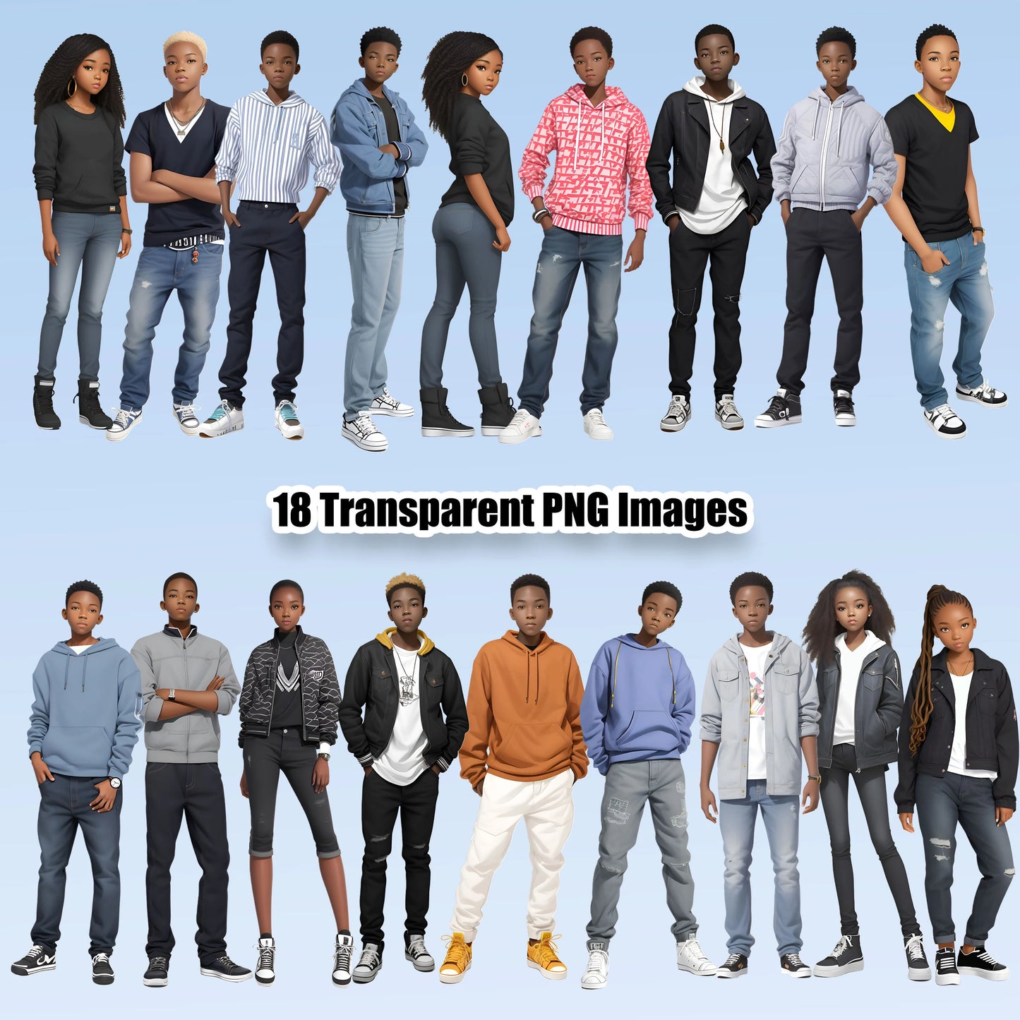 18 Black Teens Clipart Bundle