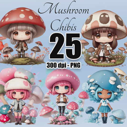 25 Mushroom Chibis Clipart