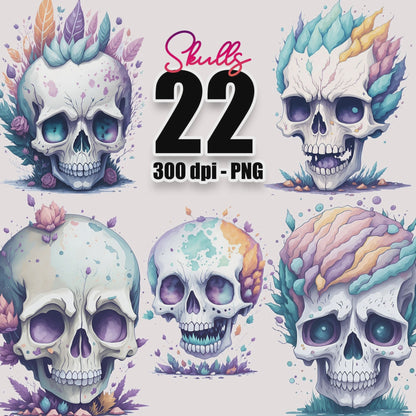 22 Watercolor Skulls Clipart